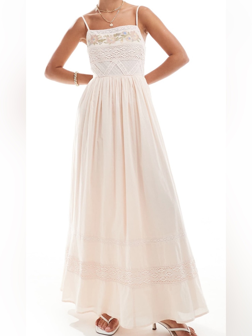 ASOS Cream Spaghetti-Strap Maxi Dress with Embroidered Bodice